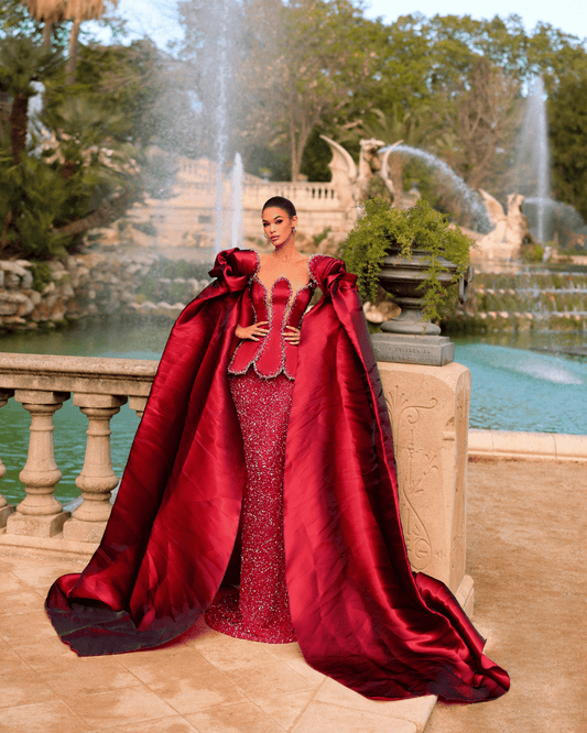 Laria Red Long Dress, with Cape and Crystals - BLINI