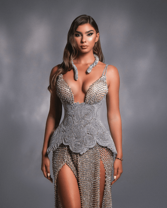 Lenea Silver Long Dress with Cut - Outs and Snake Detail - BLINI