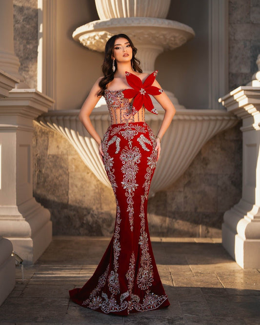 Lennona Velvet Red Dress with Floral in Chest - BLINI