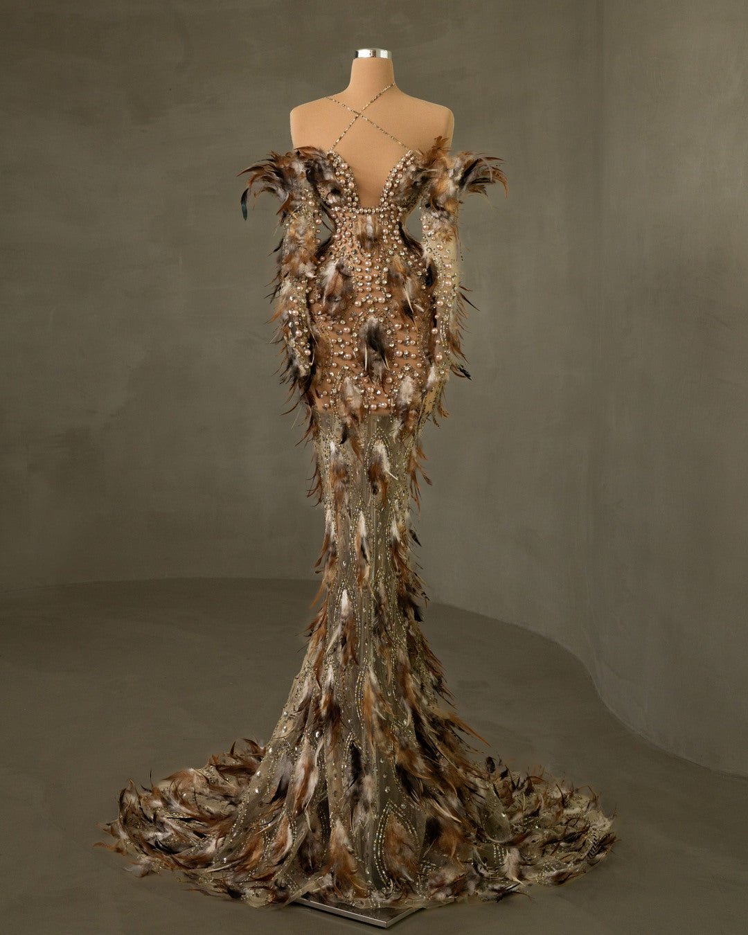 Leopárd Off Shoulder Dress with Beads and Feathers - BLINI