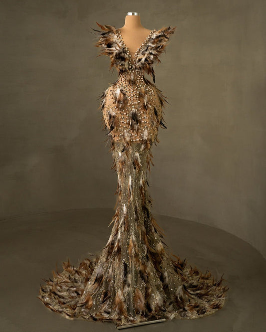 Léopard V Neck Dress with Beads and Feathers - BLINI