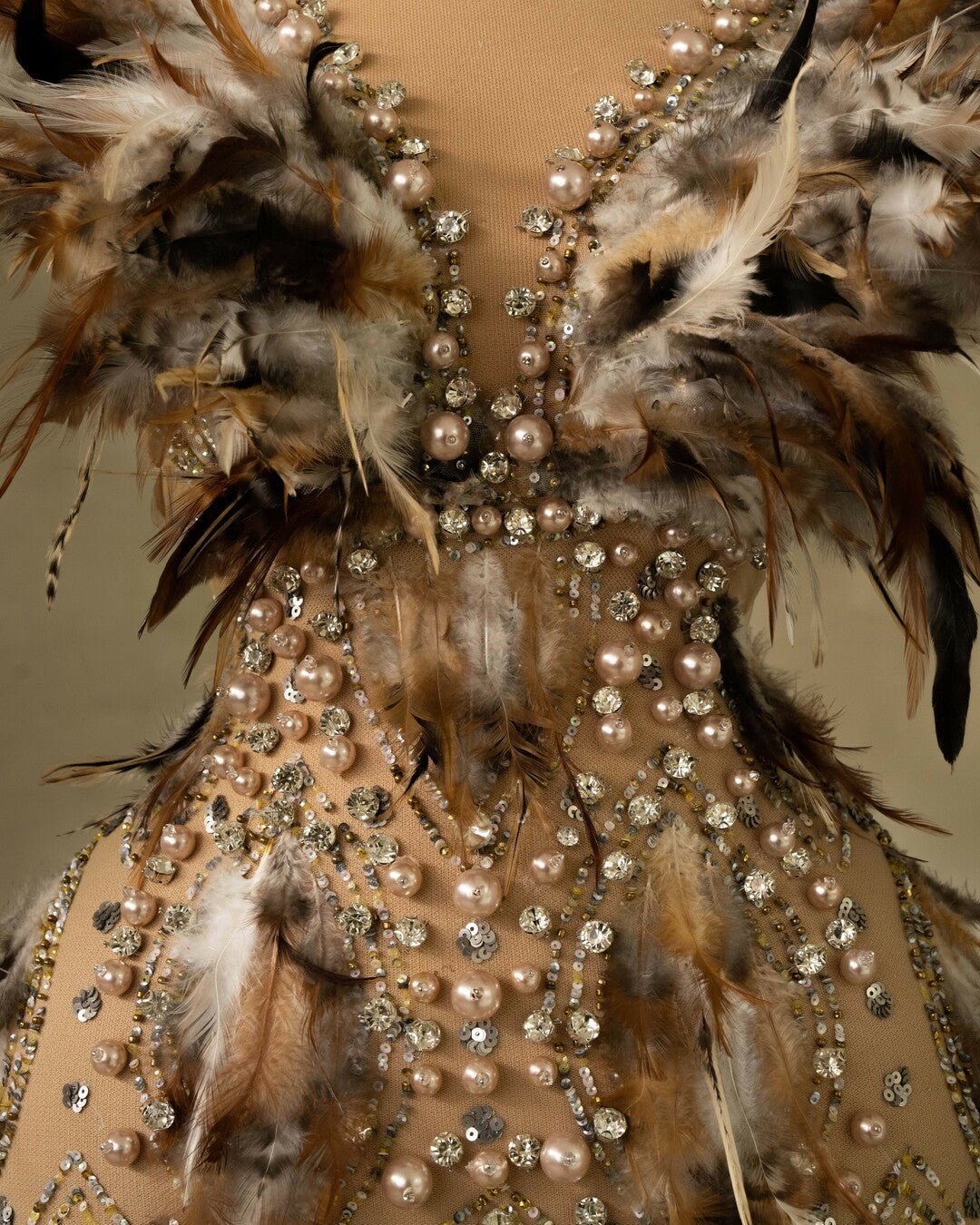 Léopard V Neck Dress with Beads and Feathers - BLINI