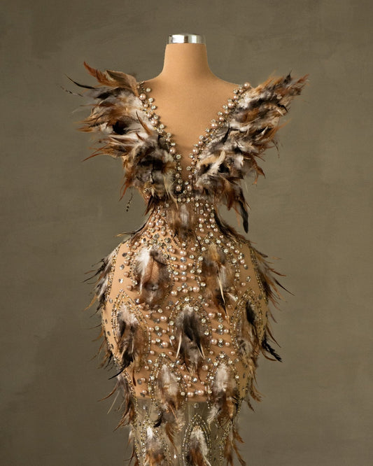 Léopard V Neck Dress with Beads and Feathers - BLINI