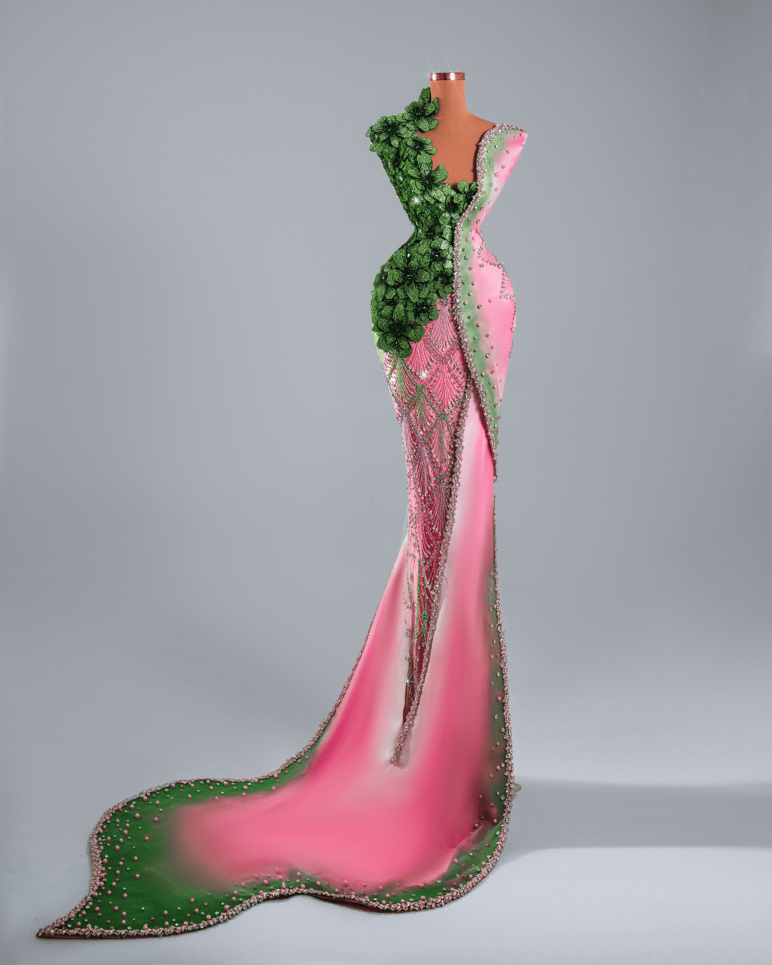Leose Pink and Green Long Dress with Flowers and Crystals - BLINI