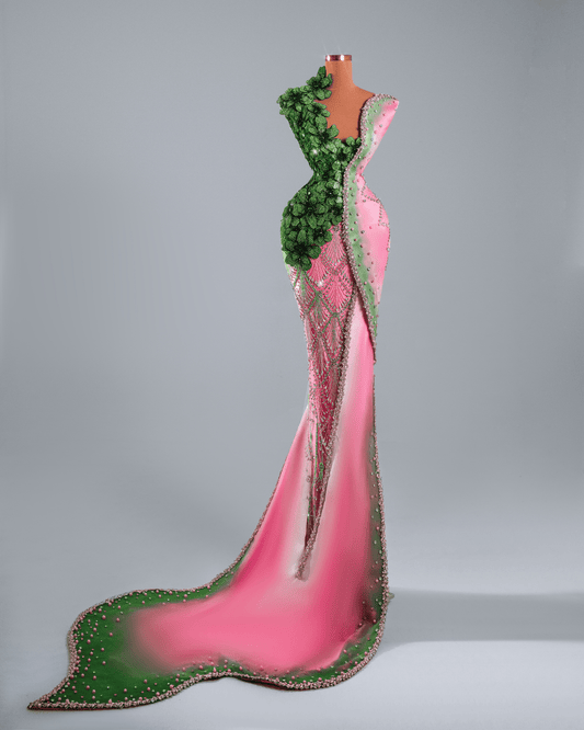 Leose Pink and Green Long Dress with Flowers and Crystals - BLINI