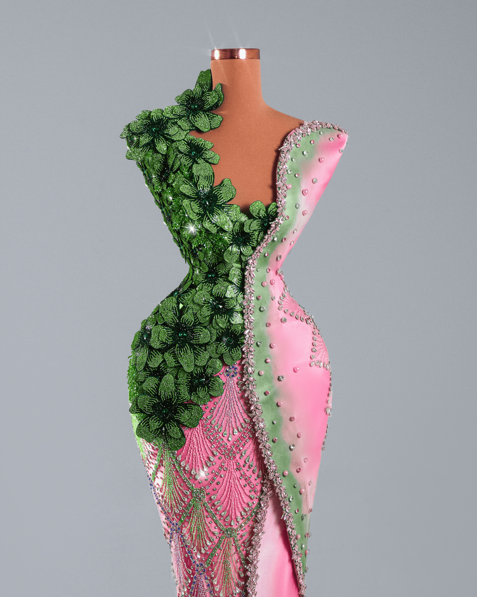 Leose Pink and Green Long Dress with Flowers and Crystals - BLINI