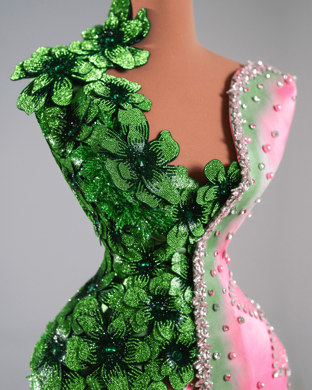 Leose Pink and Green Long Dress with Flowers and Crystals - BLINI