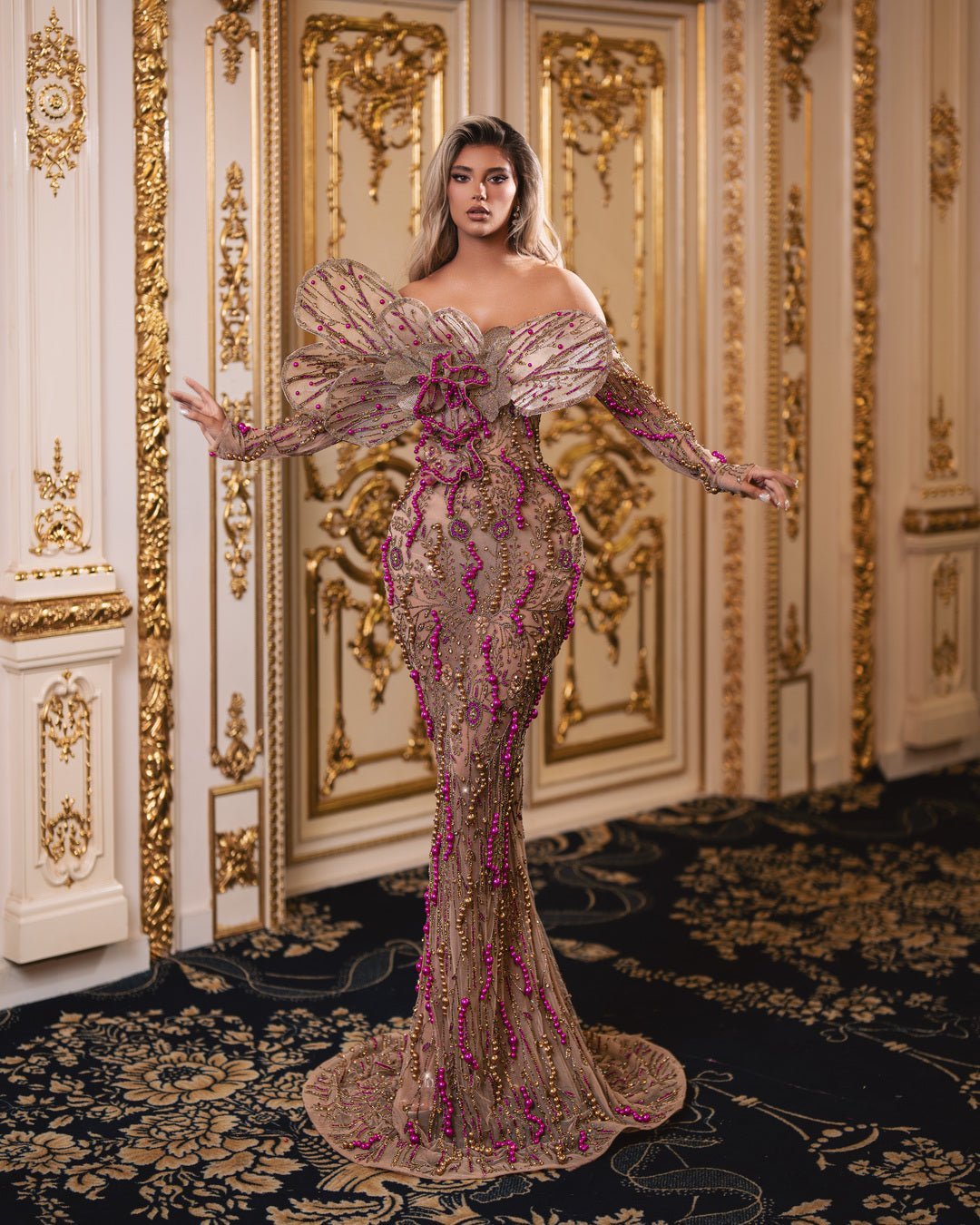 Leuessa Gold Dress with Pink Details and Overskirt - BLINI