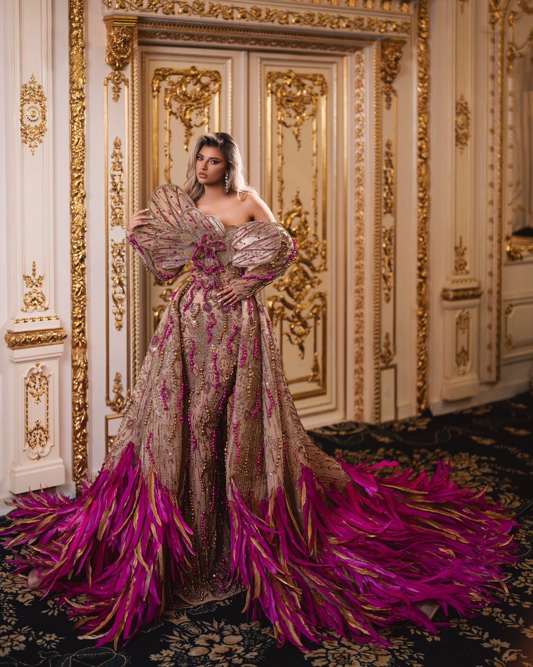 Leuessa Gold Dress with Pink Details and Overskirt - BLINI