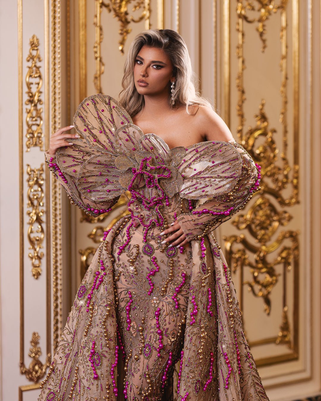 Leuessa Gold Dress with Pink Details and Overskirt - BLINI