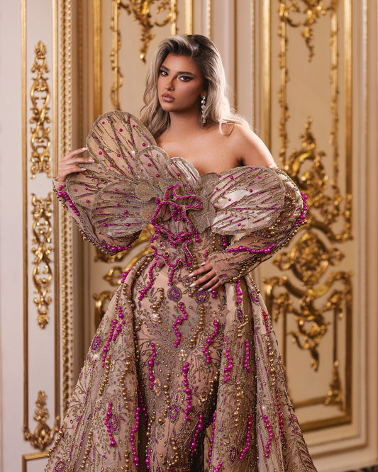 Leuessa Gold Dress with Pink Details and Overskirt - BLINI