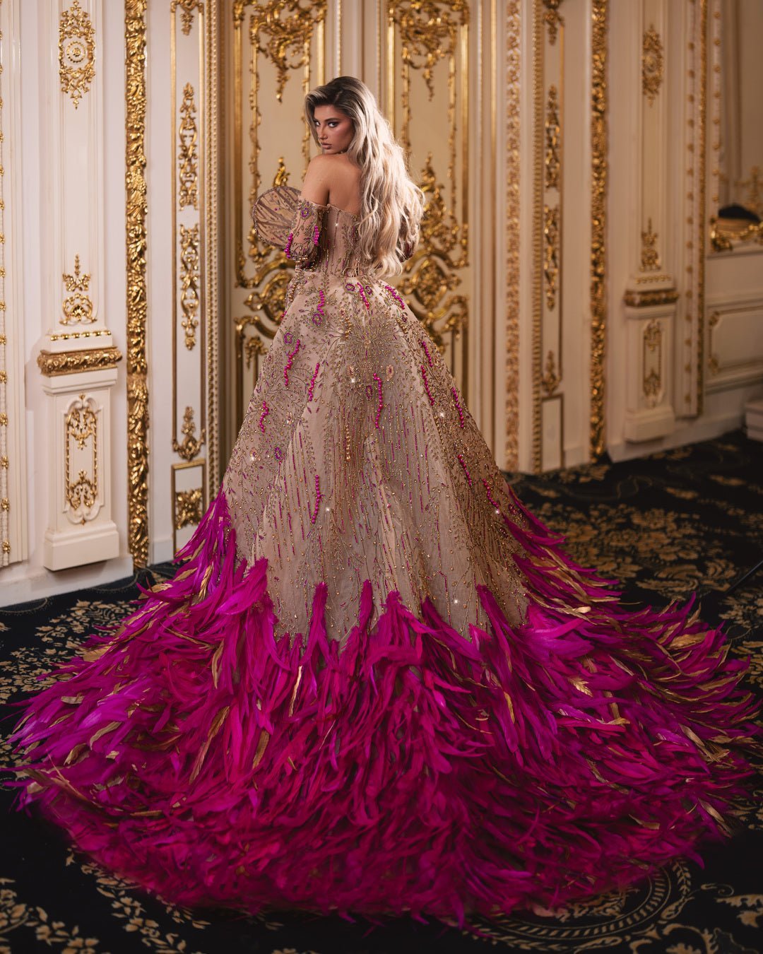 Leuessa Gold Dress with Pink Details and Overskirt - BLINI