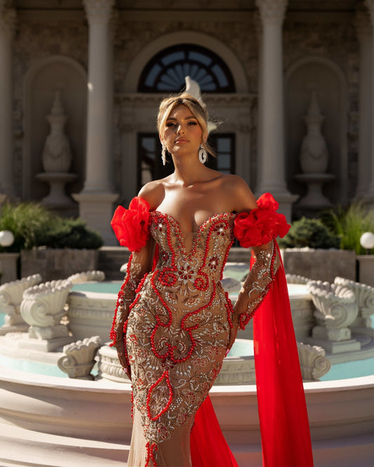 Lia Off Shoulder Dress with Side Cape Embellished in Beads - BLINI