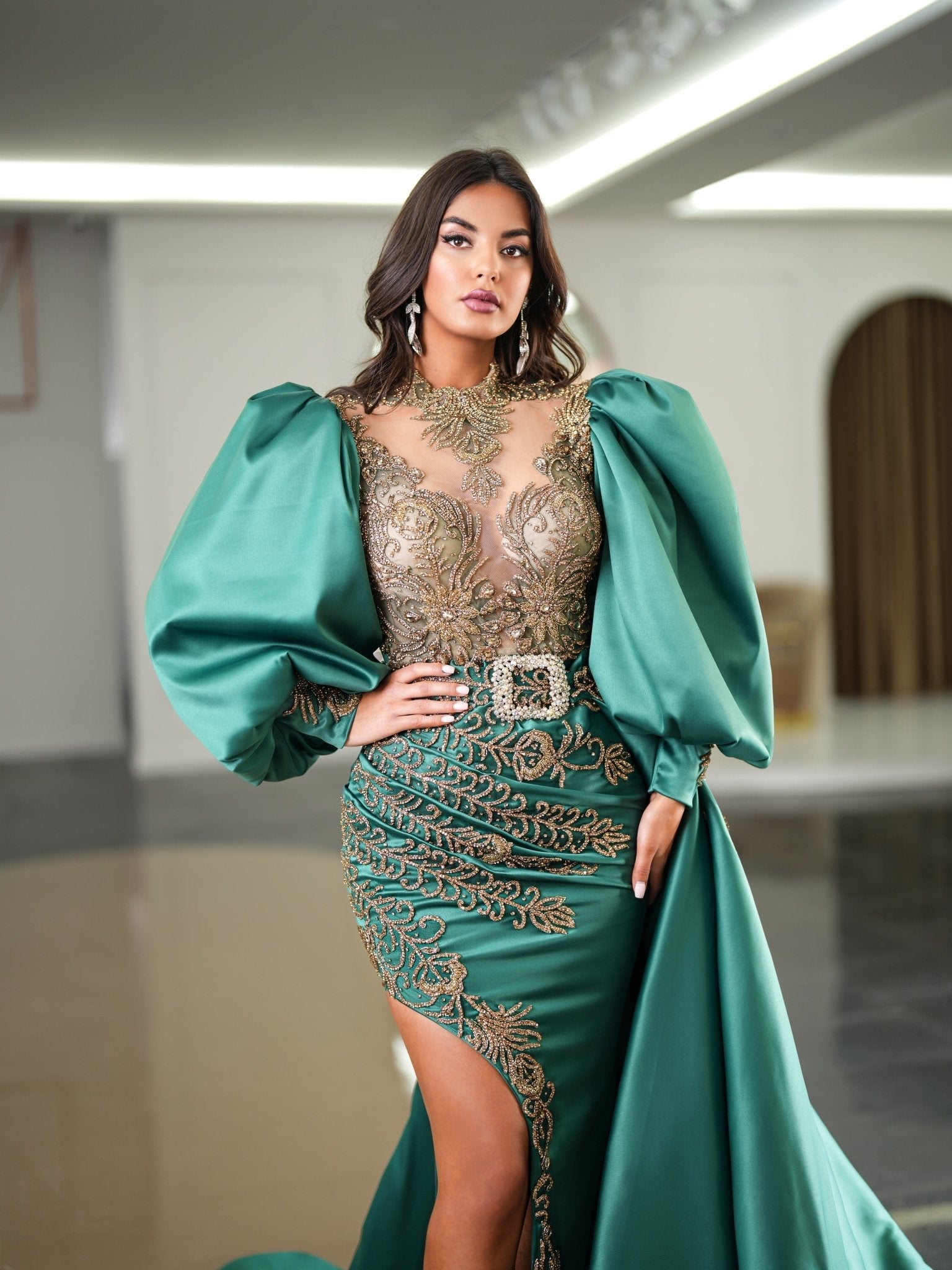 Liana Dress with Puff Sleeves and Dazzling Stones - BLINI