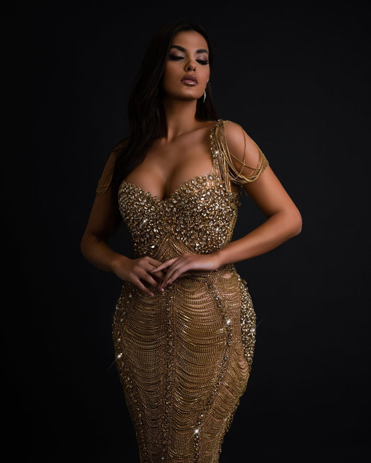 Lívia Gold Dress with Tassels and Crystals - BLINI