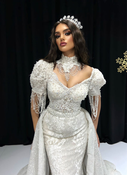 Lizzie Neck Detail and Flowing Overskirt Bridal Dress - BLINI