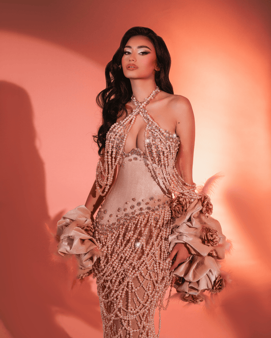 Loana Nude Long Sleeveless Dress with Pearls and Cape - BLINI