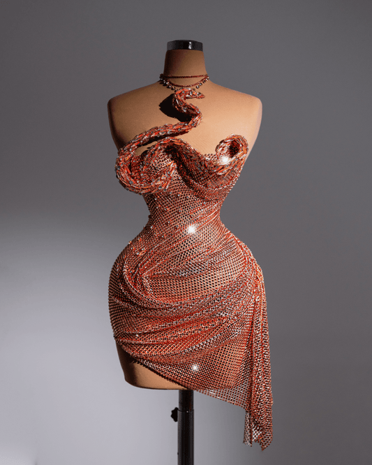 Lonere Peach Short Dress with Crystals and Snale Details - BLINI