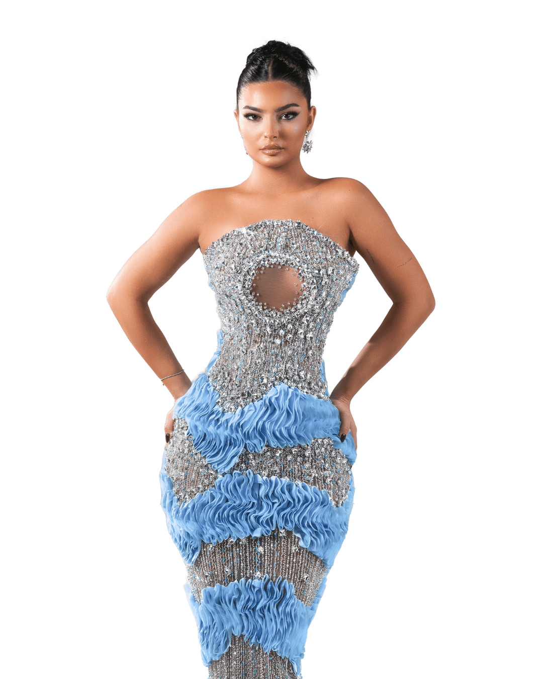 Loreme Blue Long Sleeveless Dress with Crystals and Cut - Outs - BLINI