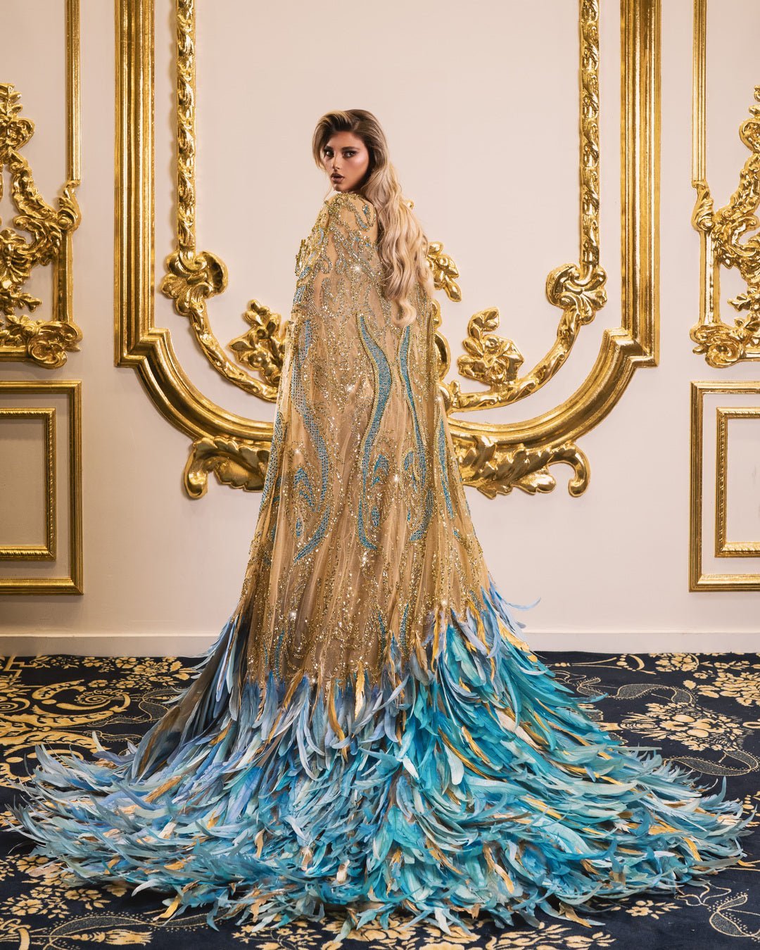 Loryssa Gold Dress with Stones and Feathers - BLINI