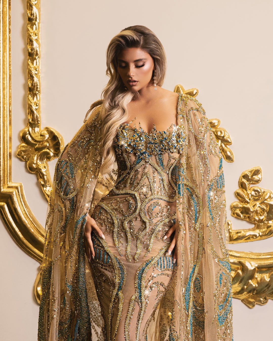 Loryssa Gold Dress with Stones and Feathers - BLINI