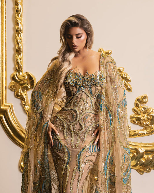 Loryssa Gold Dress with Stones and Feathers - BLINI