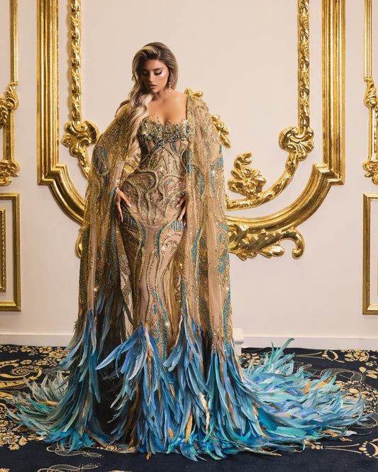 Loryssa Gold Dress with Stones and Feathers - BLINI
