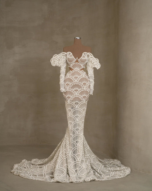 Loslyn Off Shoulder Bridal Dress with Pearls - BLINI