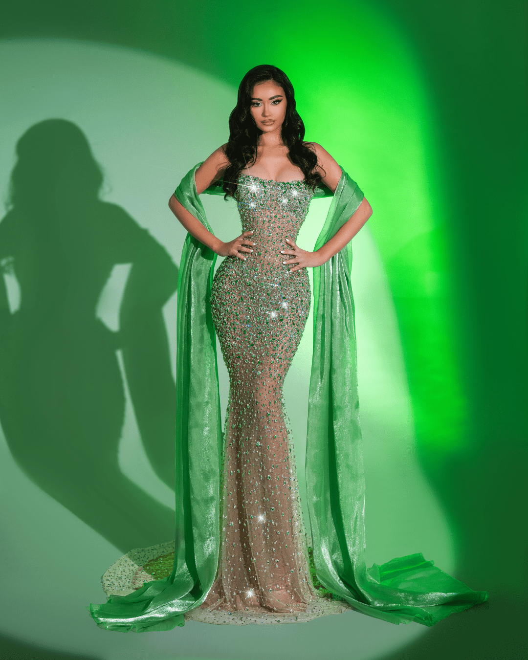 Lotea Green Long Sleeveless Dress with Crystals and Cape - BLINI