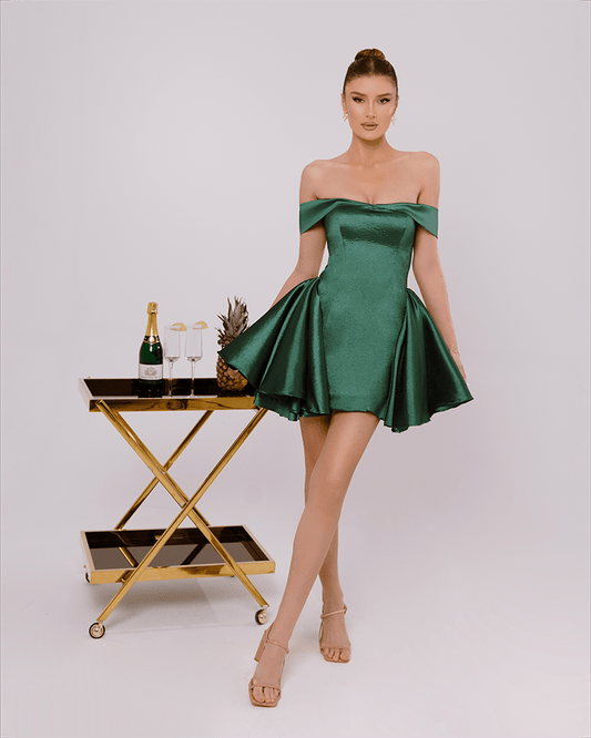 Louisa Emerald Green Short Dress, Off Shoulder With Taft Fabric - BLINI