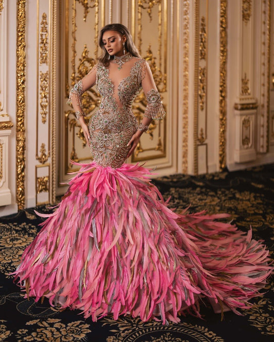 Louisa Pink Dress with Beads and Feathers - BLINI