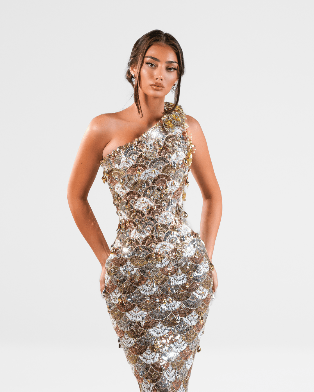 Lumea Gold Long Sleeveless Dress with Crystals and Flowers - BLINI