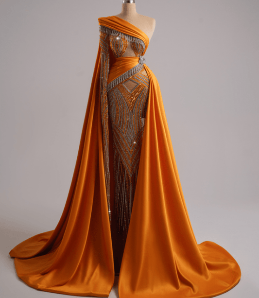Luminara Orange Dress With Sequined And Satin Fabric - BLINI