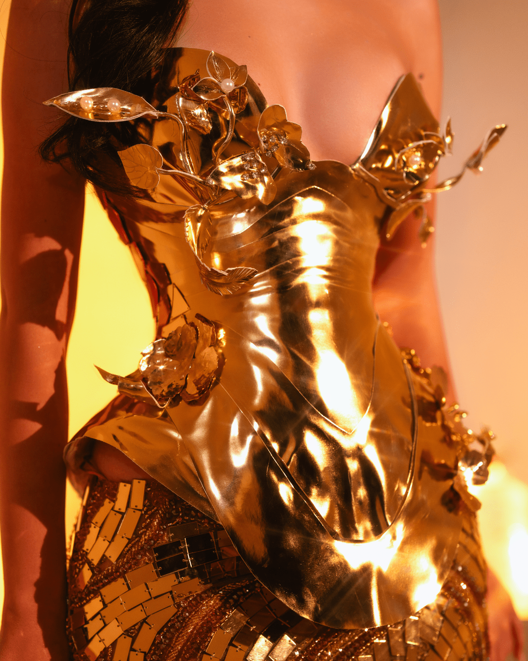 Lyane Gold Long Sleeveless Dress with Crystals and Flowers - BLINI