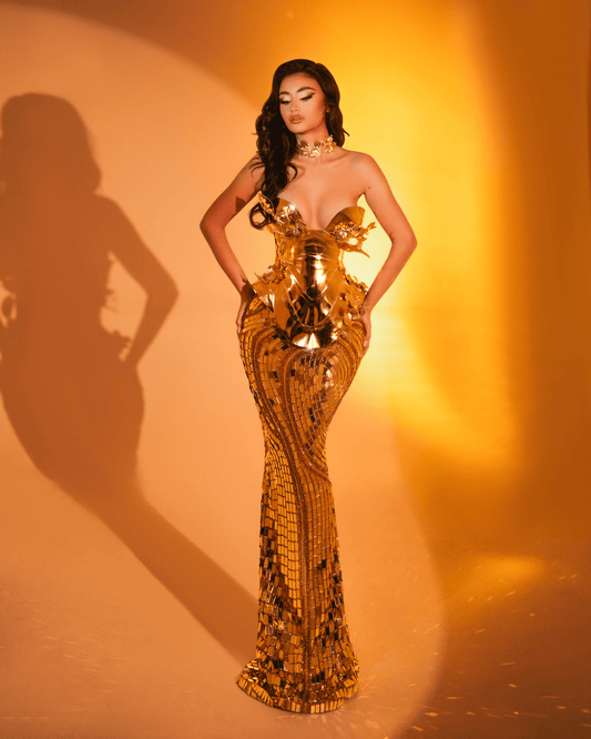 Lyane Gold Long Sleeveless Dress with Crystals and Flowers - BLINI