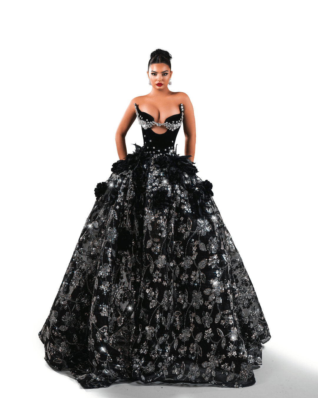 Magenta Black Long Sleeveless Dress with Crystals and Flowers - BLINI