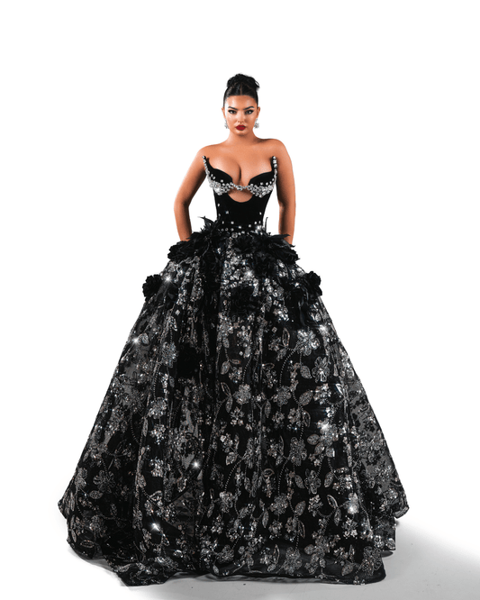 Magenta Black Long Sleeveless Dress with Crystals and Flowers - BLINI