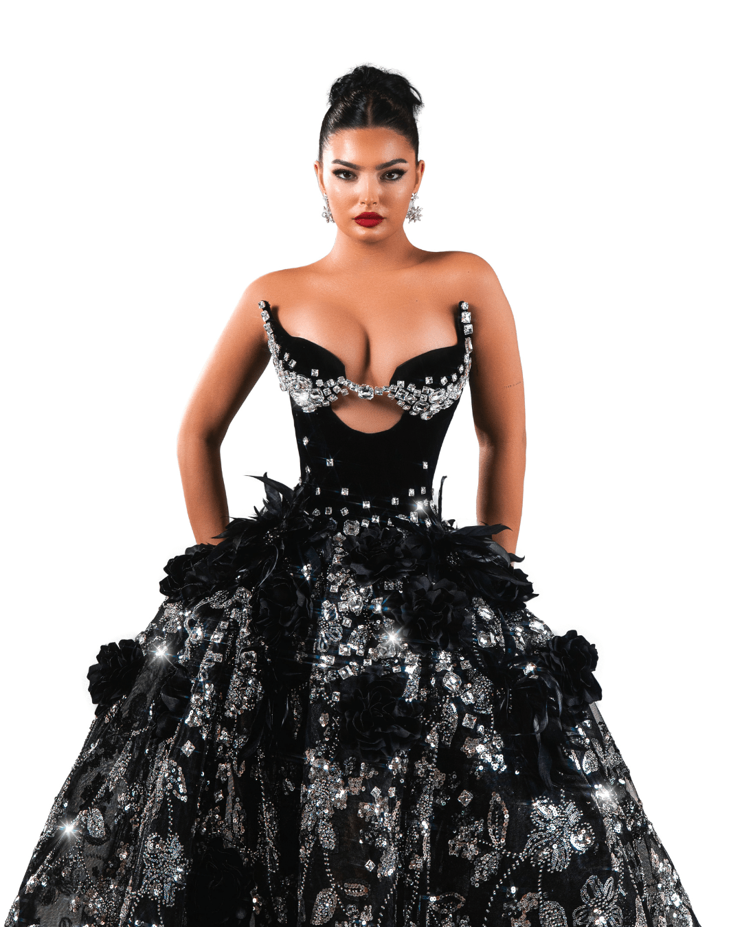 Magenta Black Long Sleeveless Dress with Crystals and Flowers - BLINI