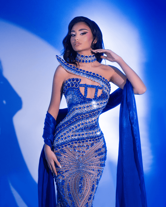 Mayde Blue Long Sleeveless Dress with Crystals and Cape - BLINI