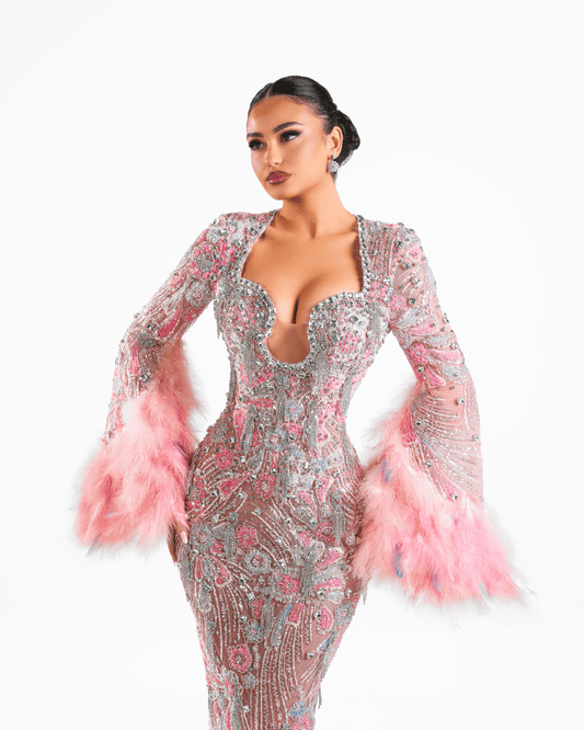 Meala Pink Long Dress with Crystals and Feathers - BLINI