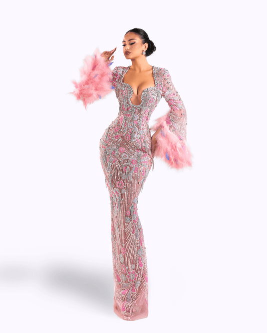 Meala Pink Long Dress with Crystals and Feathers - BLINI