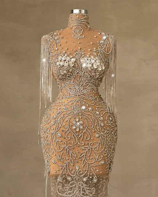 Melódia Silver Dress Embellished with Rhinestones and Tassels - BLINI