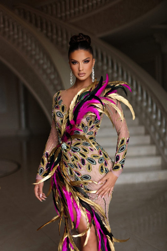 Mena Feather Dress with Deep Slit - BLINI