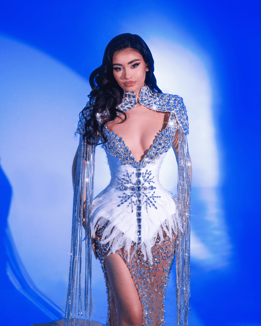 Mende White Long Sleeveless Dress with Crystals and Feathers - BLINI