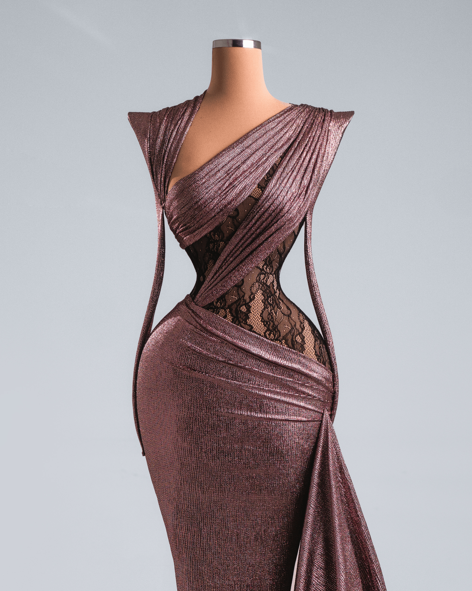 Meria Deep Rose Metallic Long Dress with Side Cape - BLINI