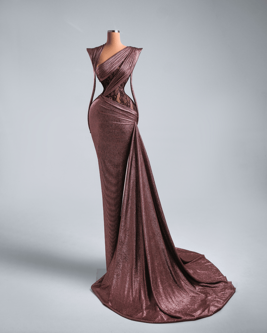 Meria Deep Rose Metallic Long Dress with Side Cape - BLINI