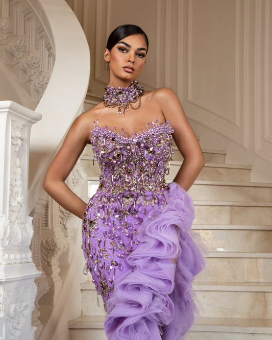 Mocha Crystal - Embellished Sleeveless Dress with High Slit - BLINI