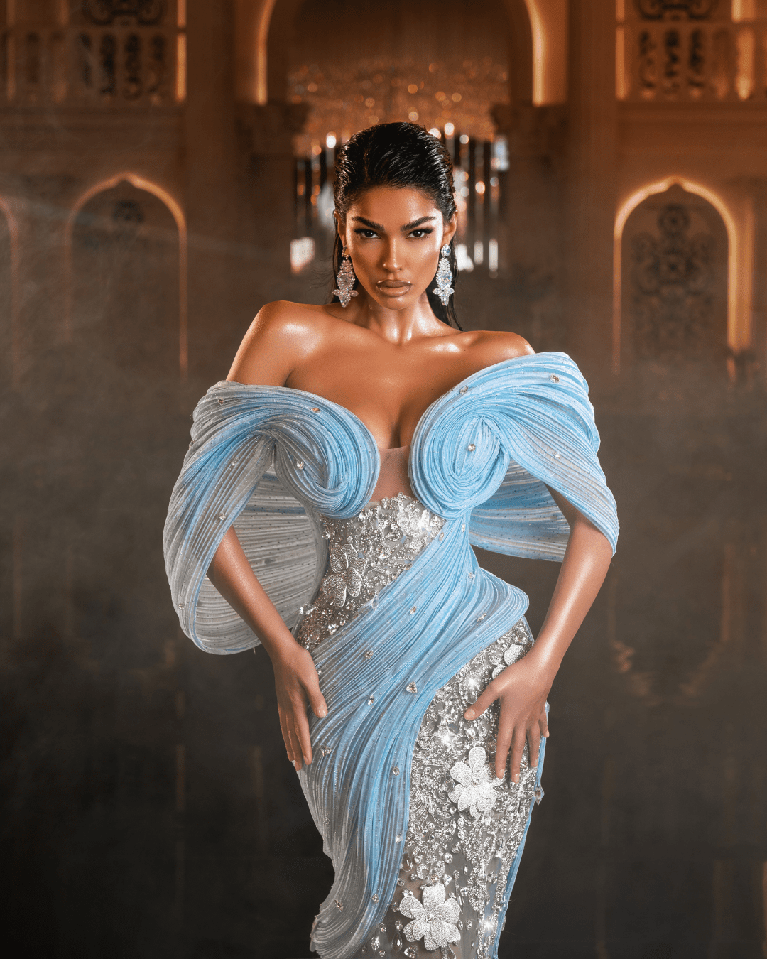 Moela Blue Sleeveless Dress with Flowers and Cape - BLINI