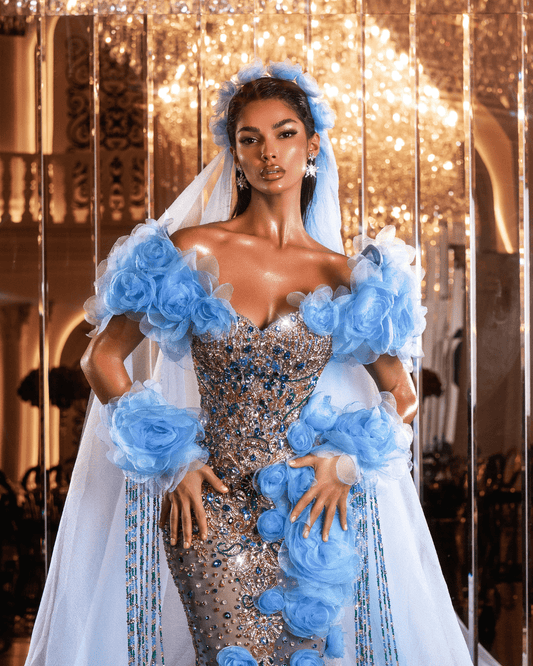 Morody Blue Sleeveless Dress with Flowers and Headpiece - BLINI