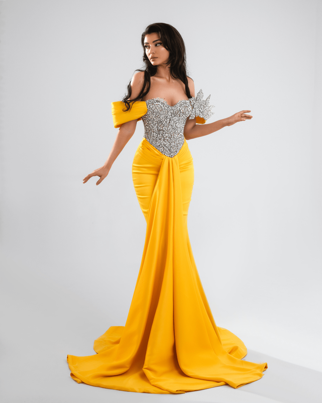 Mosere Yellow Long Dress with Crystals and Cape - BLINI